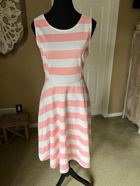 Striped Pink and White Sleeveless Midi Dress, Size L